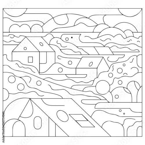 vector landscape with houses for coloring book