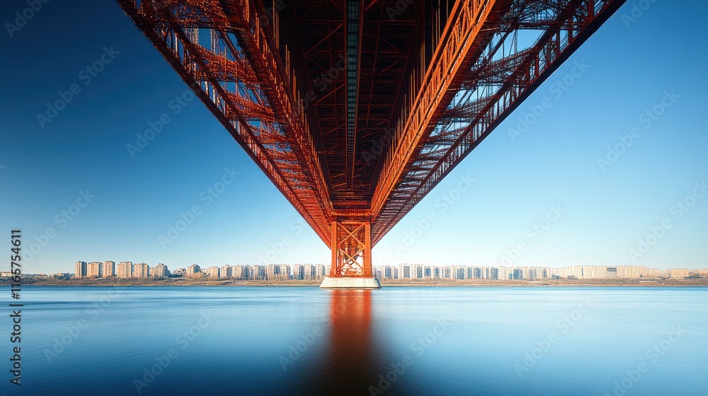 Naklejka premium Underneath a vibrant red bridge spanning a tranquil river, reflecting city skyline.