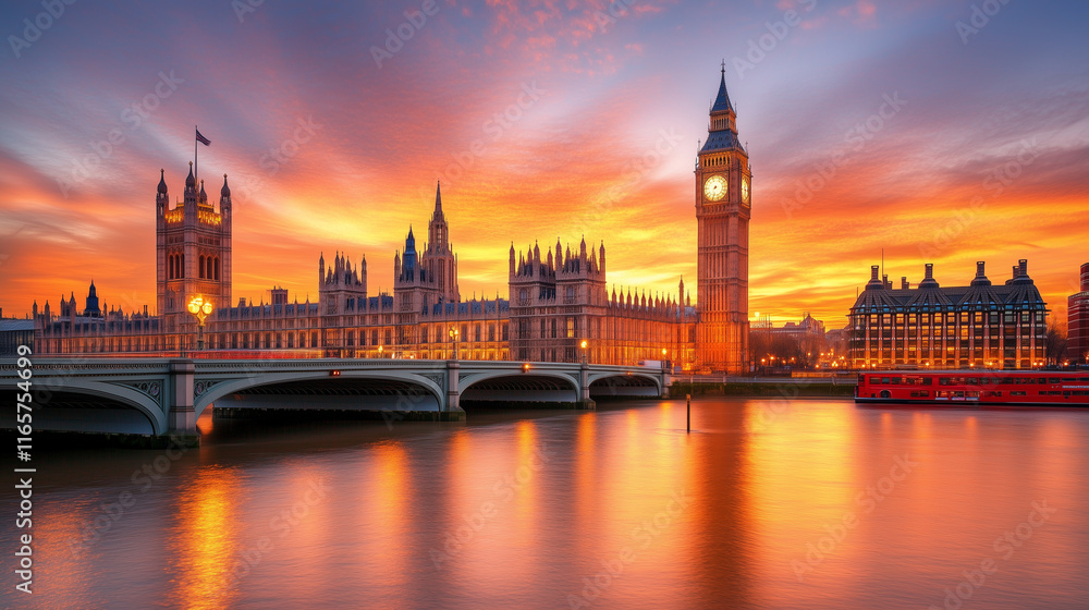 A nostalgic view of London's Westminster Bridge during sunset, featuring the iconic Big Ben and classic red double-decker buses, with a warm golden glow illuminating the scene. A nostalgic view of London's Westminster Bridge during sunset, featuring the iconic Big Ben and classic red double-decker buses, with a warm golden glow illuminating the scene.