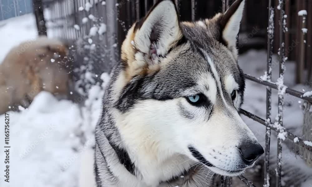 Fluffy siberian husky with kennel in winter Fluffy siberian husky with kennel in winter