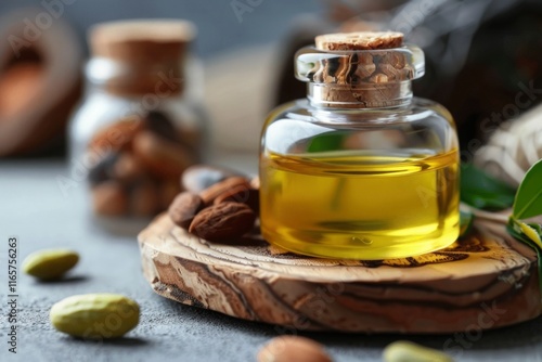 Jojoba oil bottle on wooden surface surrounded by natural nuts and seeds for skincare and wellness