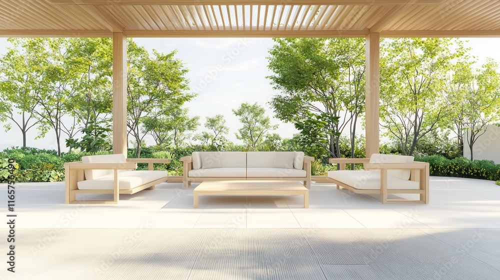 Fototapeta premium Tranquil Japanese Garden Terrace: Minimalist Design with Bamboo Accents in Soft Sunlight