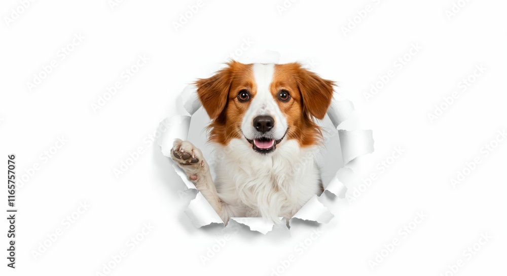 Playful Kooikerhondje Dog Breaking Through Torn Paper - Cheerful Dutch Sporting Breed Playful Kooikerhondje Dog Breaking Through Torn Paper - Cheerful Dutch Sporting Breed