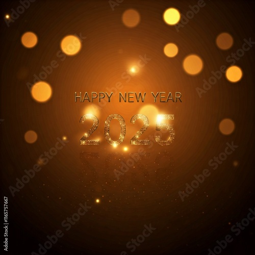 Golden Happy New Year 2025 Celebration Background with Bokeh Lights and Sparkling Effects
