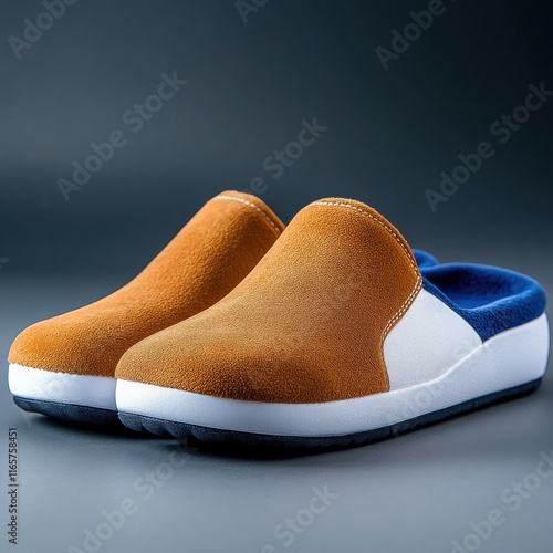 [Orange and blue fuzzy slippers with white soles] Vibrant Orange Blue Slippers Fuzzy Velvet Slip Ons Grey Background photo