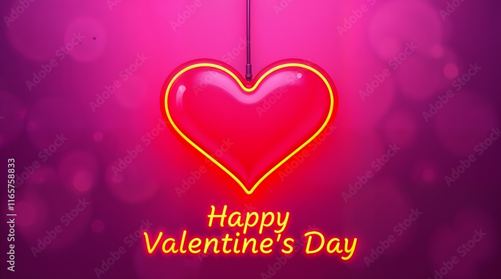 Neon red heart hanging against a pink gradient background with bokeh. The text Neon red heart hanging against a pink gradient background with bokeh. The text