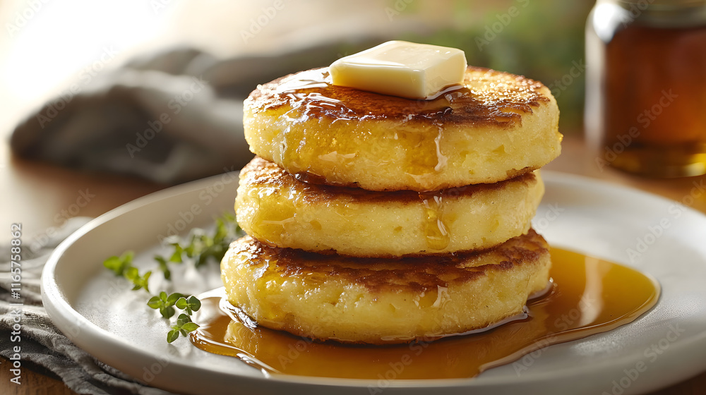 Golden Crispy Rhode Island Johnnycakes Stacked on a Plate Golden Crispy Rhode Island Johnnycakes Stacked on a Plate
