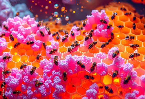 Vibrant Honeycomb Hive with Busy Bees in a Pink & Orange Glow
