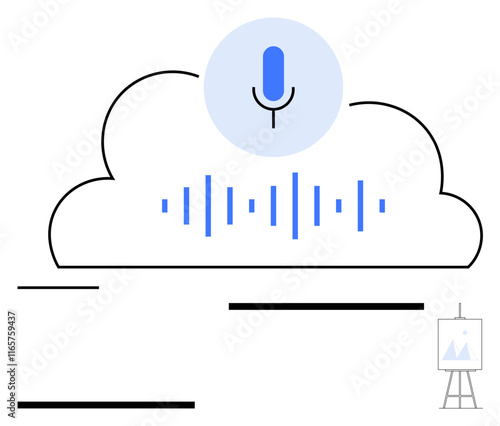 Microphone inside cloud with audio waves. Digital sound recording and smart AI. Ideal for cloud computing, voice technology, AI, transcription, data storage, innovation, abstract line flat metaphor