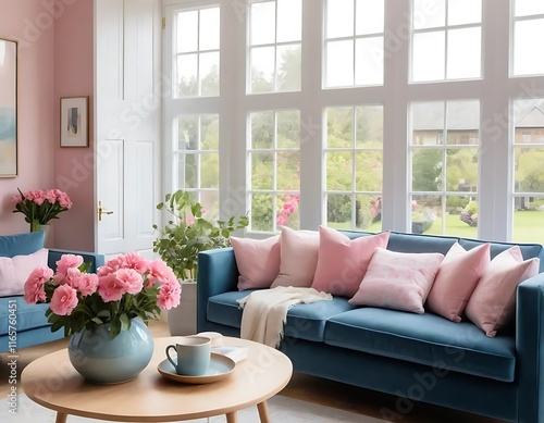 Elegant living room with blue sofas and pink accents.