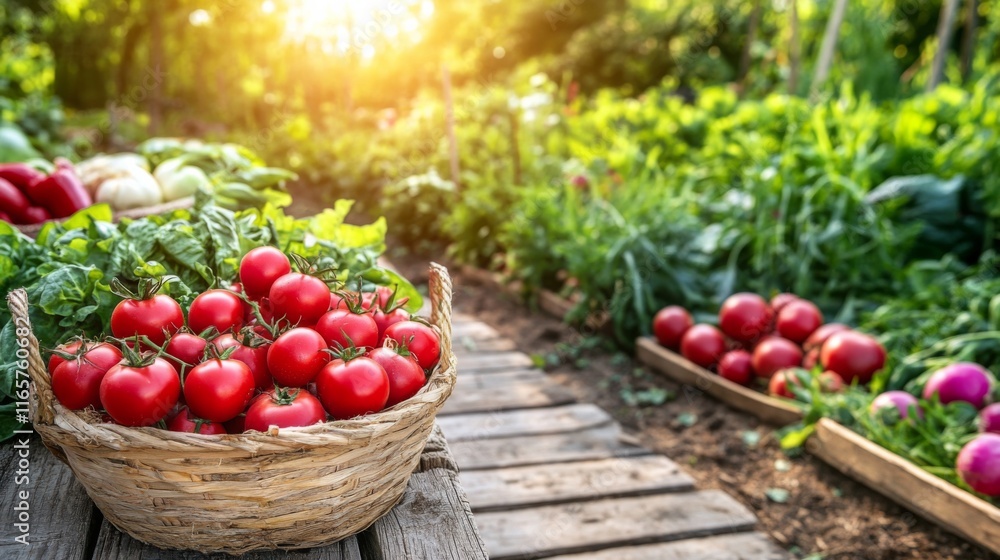 Fresh Tomatoes in Sunlit Garden Scene Fresh Tomatoes in Sunlit Garden Scene