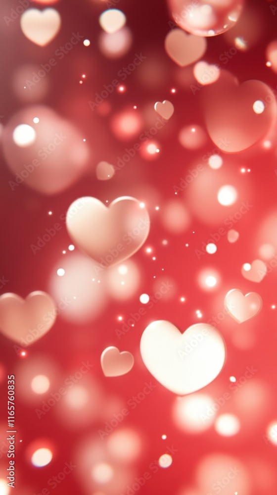Vibrant red romantic background with glowing hearts and bokeh lights Vibrant red romantic background with glowing hearts and bokeh lights