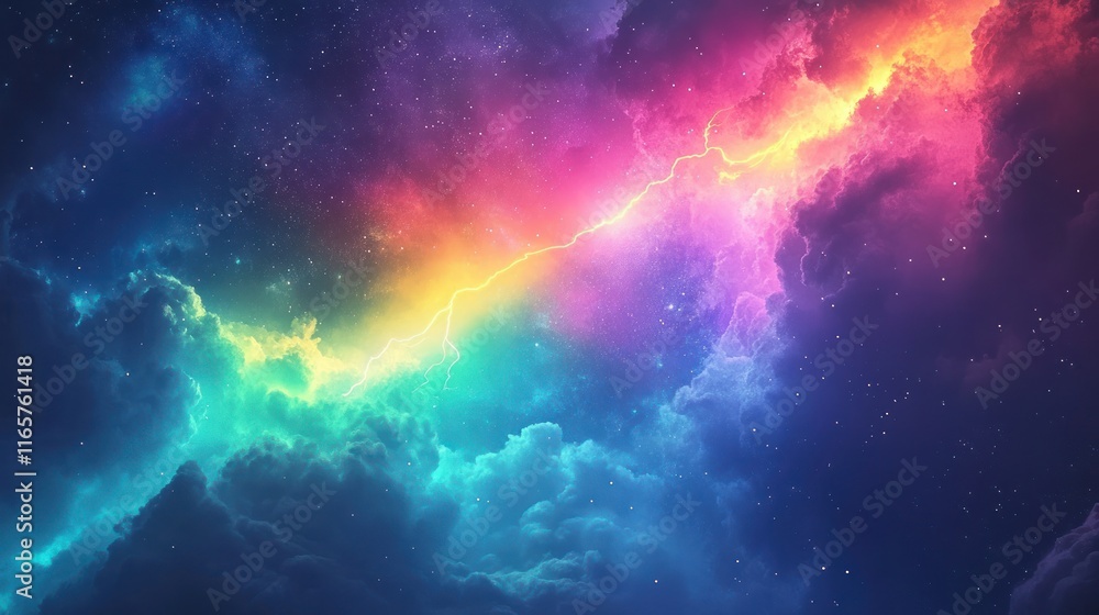 Vibrant cosmic clouds with rainbow lightning. Vibrant cosmic clouds with rainbow lightning.