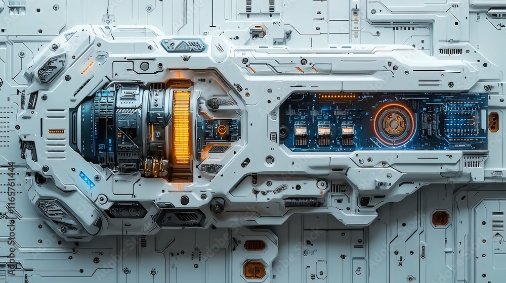 Fototapeta premium Futuristic White Mechanical Device with Lights.