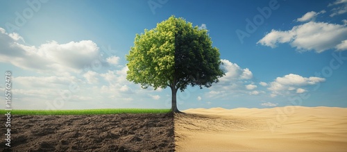 A lush green tree stands on fertile soil, contrasting with a barren desert landscape.