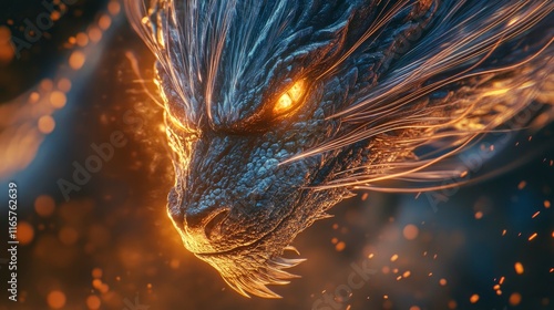 Closeup of a dragon's whiskers, revealed to be fiber optic strands pulsing with light.