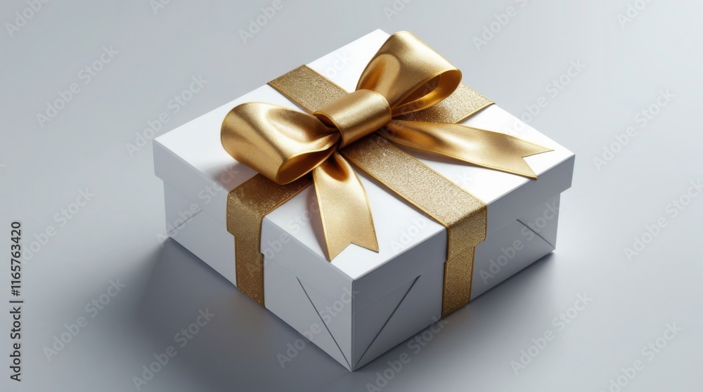 Luxurious white gift box wrapped with a shimmering golden ribbon and bow, perfect for advertising templates. Ideal for anniversaries, celebrations, or special occasions, showcasing elegance and sophis Luxurious white gift box wrapped with a shimmering golden ribbon and bow, perfect for advertising templates. Ideal for anniversaries, celebrations, or special occasions, showcasing elegance and sophis