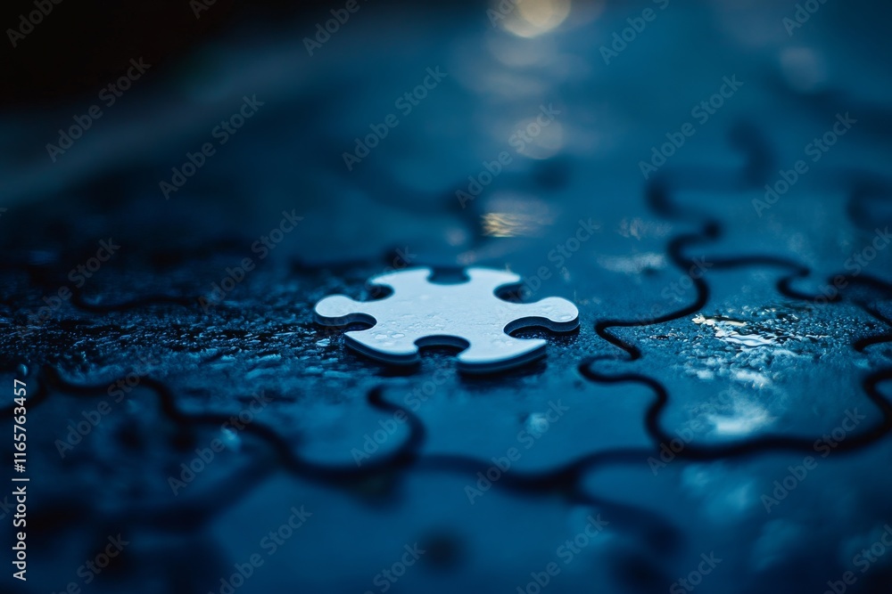 Single white puzzle piece on a dark blue wet surface. Single white puzzle piece on a dark blue wet surface.