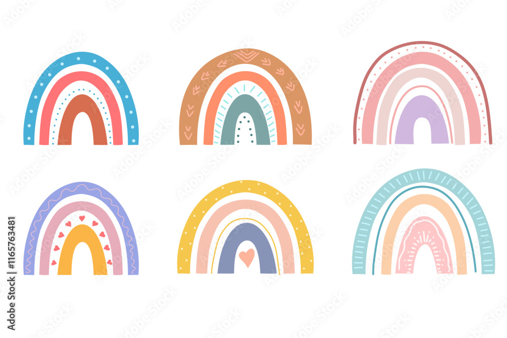 Set of cute rainbows in modern colors. Illustration for kids, weather, sky theme for nursery. Vector isolated on white background Set of cute rainbows in modern colors. Illustration for kids, weather, sky theme for nursery. Vector isolated on white background