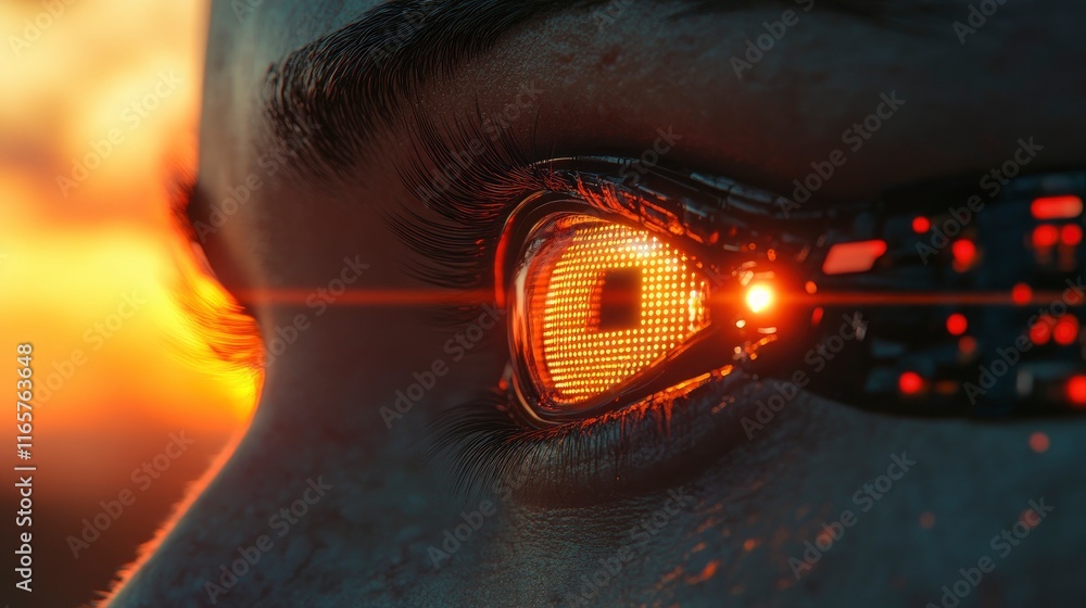 Robot photographer capturing binary sunset with lens eyes Robot photographer capturing binary sunset with lens eyes