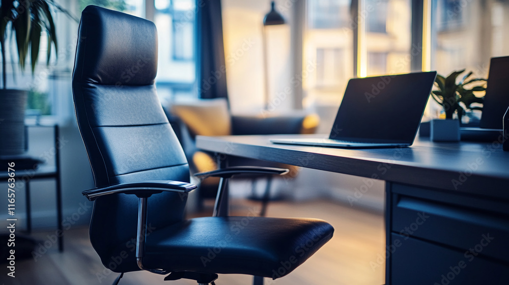 Modern office setup with a sleek black chair and a laptop on a desk by large windows Modern office setup with a sleek black chair and a laptop on a desk by large windows