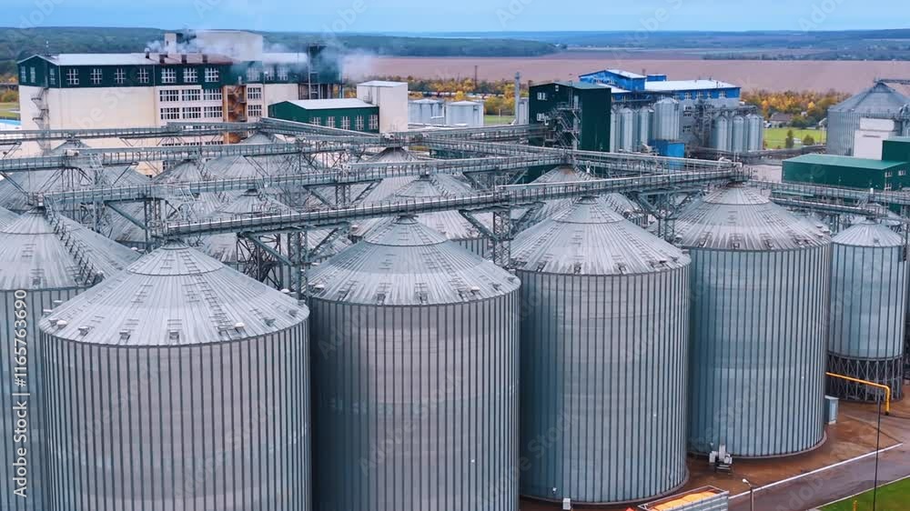 Group of silo tanks at the territory of agricultural plant. Smoke goes out from the pipes on the roof of the building at backdrop. Group of silo tanks at the territory of agricultural plant. Smoke goes out from the pipes on the roof of the building at backdrop.