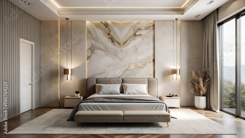 Minimalist interior design of modern luxurious bedroom with marble light gold wall