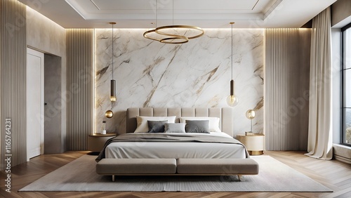 Minimalist interior design of modern luxurious bedroom with marble light gold wall