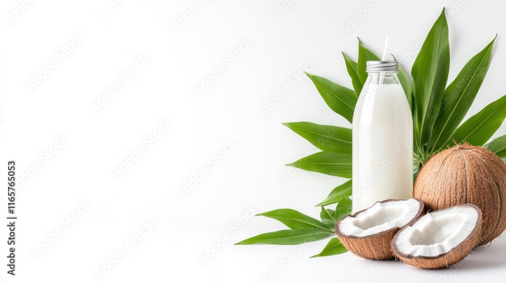 Coconut milk in a bottle next to fresh coconuts and leaves. Coconut milk in a bottle next to fresh coconuts and leaves.