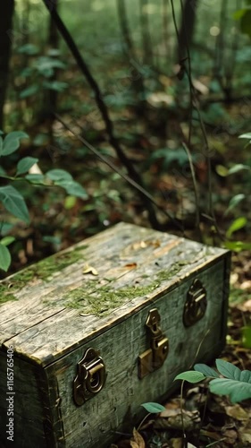 Hidden wooden treasure chest covered in moss surrounded by lush forest greenery