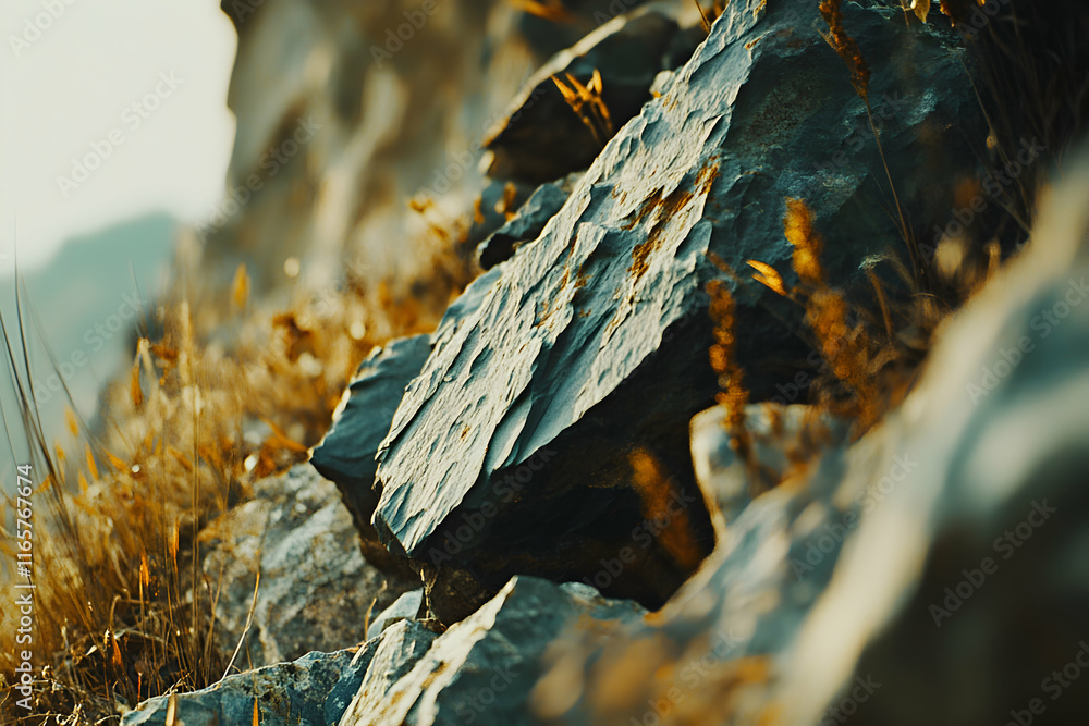 Close-up of rugged, textured dark rocks amidst dry, golden grass. Sunlight highlights the rock's surface. Close-up of rugged, textured dark rocks amidst dry, golden grass. Sunlight highlights the rock's surface.