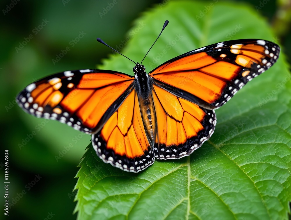 Close-up of a Monarch butterfly with vibrant orange and black wings delicately perched on a lush green leaf Close-up of a Monarch butterfly with vibrant orange and black wings delicately perched on a lush green leaf
