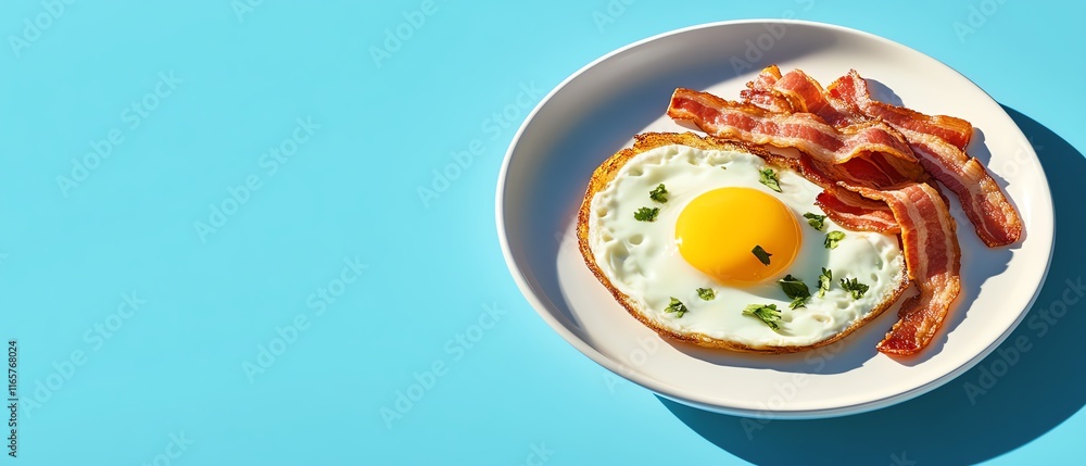 Delicious breakfast with eggs and crispy bacon.