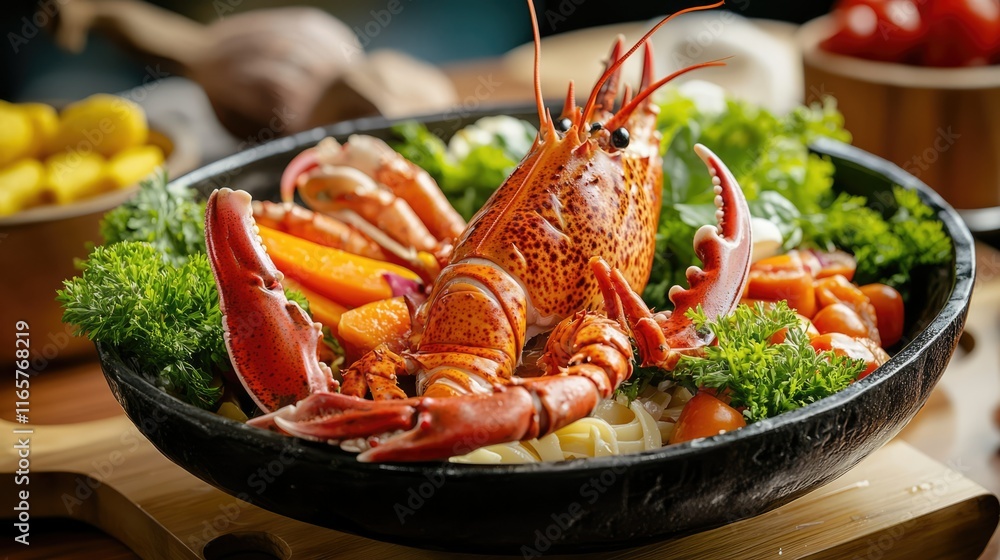 A plated dish of linguine topped with a half lobster, A plated dish of linguine topped with a half lobster,