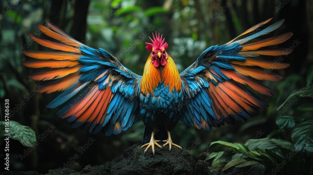 Fototapeta premium Vibrant rooster with outstretched wings in a lush jungle environment.