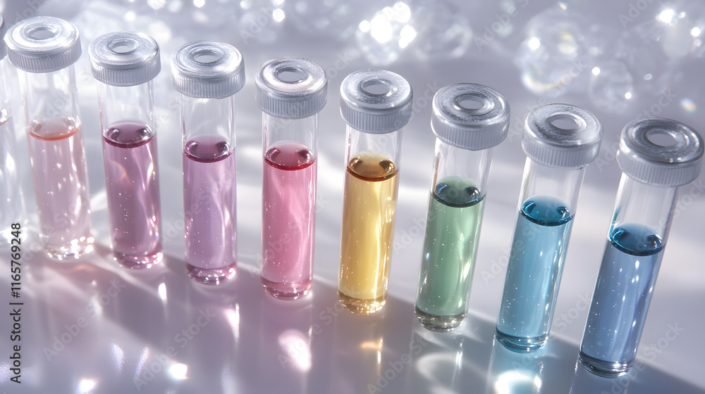 A set of glass test tubes filled with colorful liquids. A set of glass test tubes filled with colorful liquids.