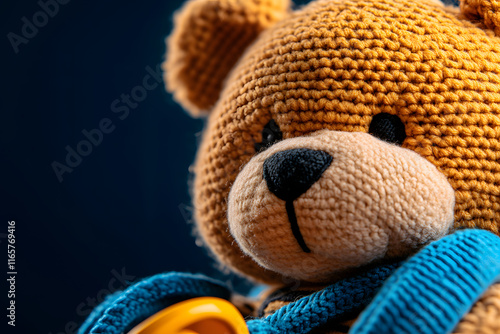 Nahaufnahme eines gehäkelten Teddybären mit blauer Schleife vor dunklem Hintergrund
 photo