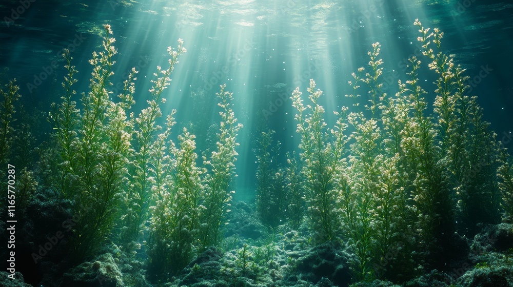 Fototapeta premium Sunbeams illuminate underwater plants and seabed.