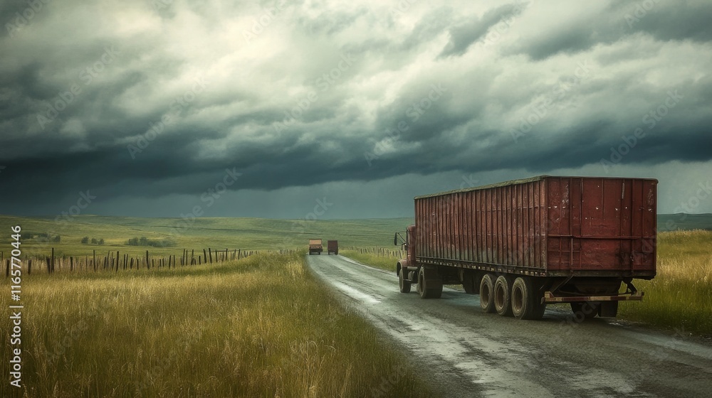Fototapeta premium Trucks on a Dramatic Countryside Road Under Clouds
