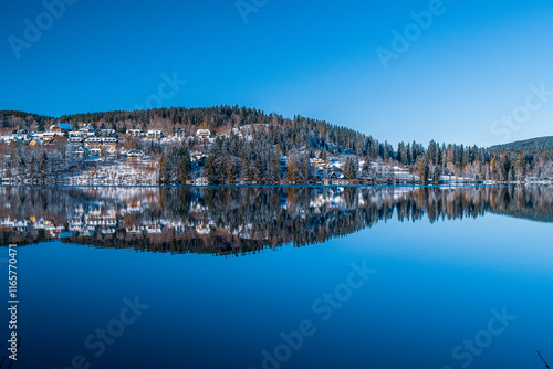 The Winter's Landscape by the Lake with clear reflection on a sunny day in Southern Germany  photo