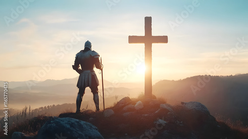 Black silhouette of gladiator praying for big cross on mountain hill 