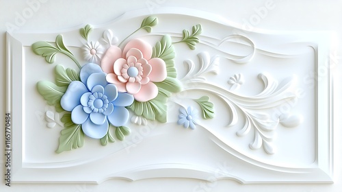 Elegant  D Floral Wall Panel  Pastel Flowers  White Background  Interior Design photo