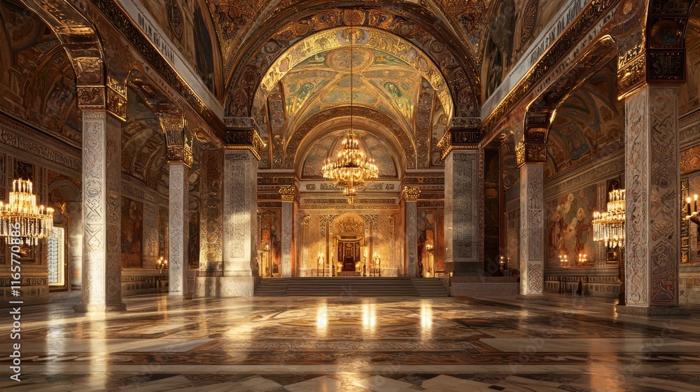 Obraz premium Majestic Byzantine Palace Interior with Mosaics and Throne in Candlelight - Photorealistic Artwork