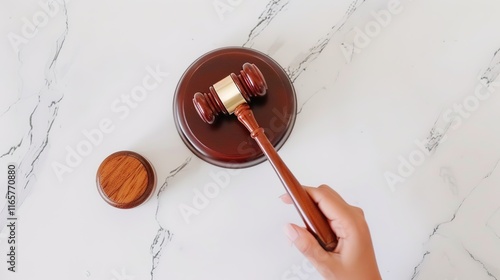 Solemn judge's gavel lying impressively on clean white background. This important tool symbolizes authority and the solemnity in the courtroom, playing a crucial role when making decisions and maintai photo