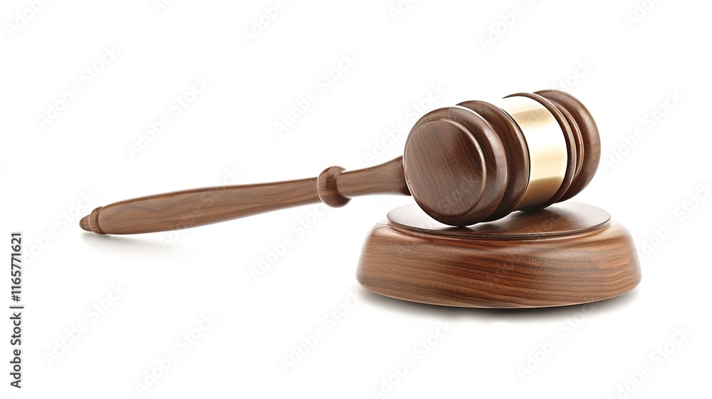Solemn judge's gavel lying impressively on clean white background. This important tool symbolizes authority and the solemnity in the courtroom, playing a crucial role when making decisions and maintai Solemn judge's gavel lying impressively on clean white background. This important tool symbolizes authority and the solemnity in the courtroom, playing a crucial role when making decisions and maintai