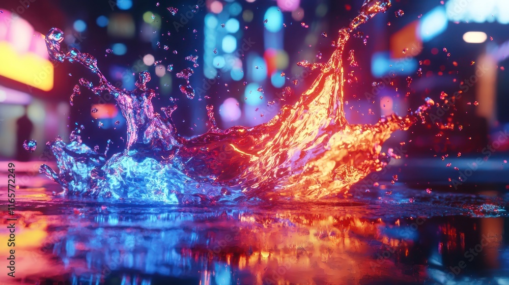 Neon City Splash: A vibrant collision of blue and orange liquid creates a dazzling spectacle against a backdrop of a bustling, neon-lit cityscape. Neon City Splash: A vibrant collision of blue and orange liquid creates a dazzling spectacle against a backdrop of a bustling, neon-lit cityscape.
