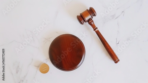 Solemn judge's gavel lying impressively on clean white background. This important tool symbolizes authority and the solemnity in the courtroom, playing a crucial role when making decisions and maintai