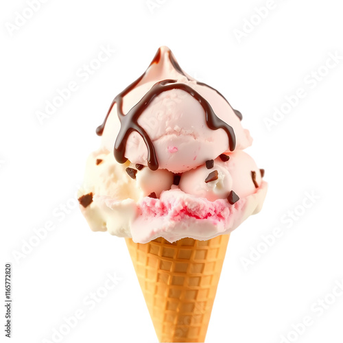 Delicious strawberry and vanilla ice cream cone on transparent background