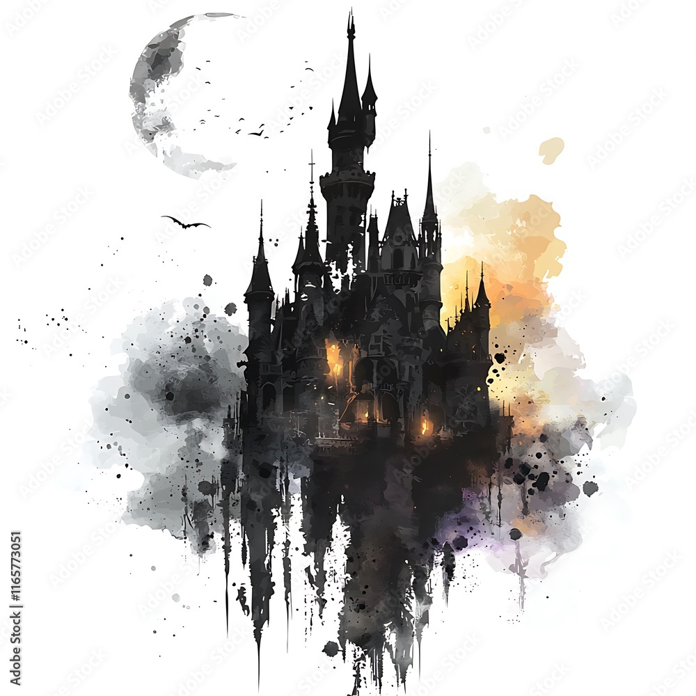 Naklejka premium Enigmatic Dark Castle Silhouette Against a Watercolor Moonlit Sky.