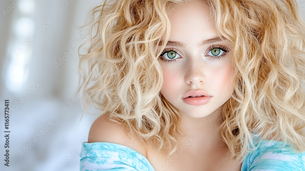 Beautiful Girl with Curly Blonde Hair and Green Eyes Beautiful Girl with Curly Blonde Hair and Green Eyes